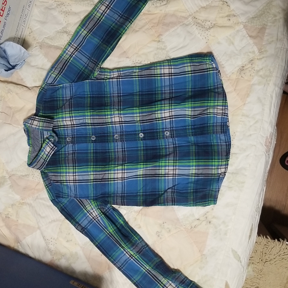 Boy's long sleeve, button down plaid shirt.